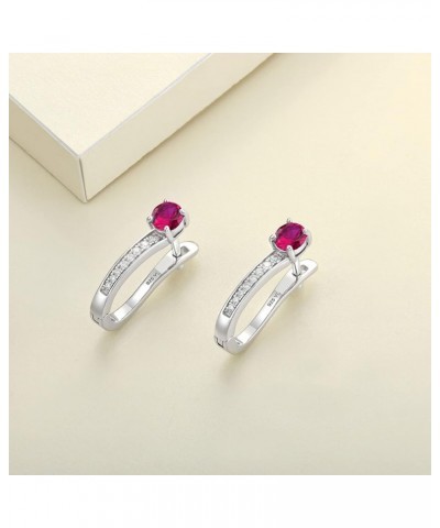 Hoop Earrings 925 Sterling Silver U Shaped Halo Huggie Earrings 18K White Gold Plated Birthstones Jewelry for Women 07-ruby-J...