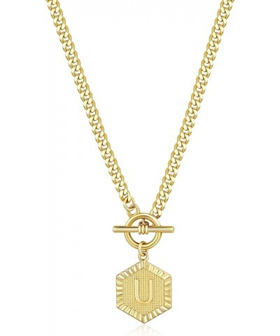 Gold Initial Letter Pendant Necklace 14K Gold Plated Cuban Link Chain Toggle Clasp Hexagon Monogram Engraved A-Z Alphabet Nec...