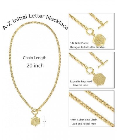 Gold Initial Letter Pendant Necklace 14K Gold Plated Cuban Link Chain Toggle Clasp Hexagon Monogram Engraved A-Z Alphabet Nec...