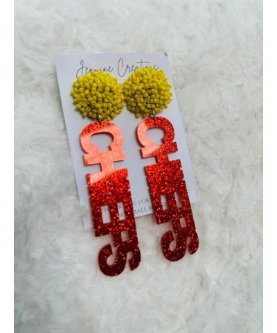 Football Game Day Earrings, Red Glitter Acrylic, Yellow Beaded Pop, Drop and Dangle Earrings, Team Spirit, Sunday Earrings $1...