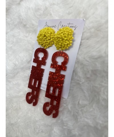 Football Game Day Earrings, Red Glitter Acrylic, Yellow Beaded Pop, Drop and Dangle Earrings, Team Spirit, Sunday Earrings $1...