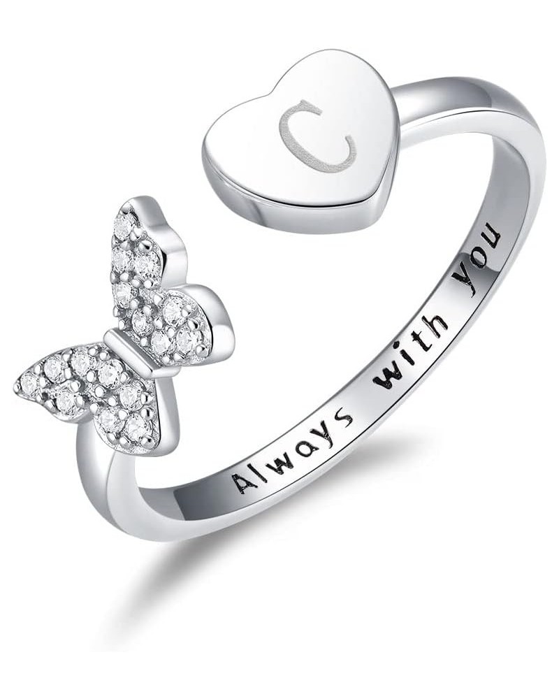 Initial Letter Ring for Women Teen Girls, Silver Stackable Heart Butterfly Alphabet Rings with Initial Adjustable Crystal Inl...