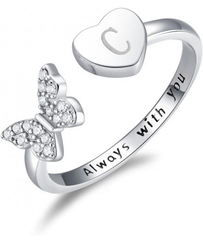 Initial Letter Ring for Women Teen Girls, Silver Stackable Heart Butterfly Alphabet Rings with Initial Adjustable Crystal Inl...