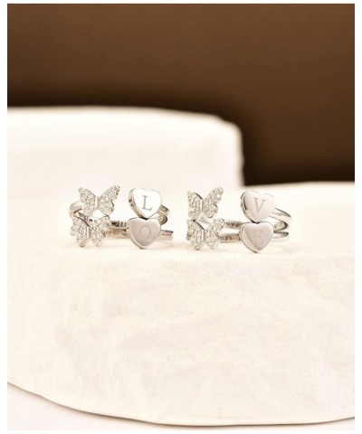 Initial Letter Ring for Women Teen Girls, Silver Stackable Heart Butterfly Alphabet Rings with Initial Adjustable Crystal Inl...