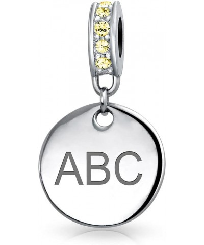 Engravable Initial Monogram Crystal Accent Bale Dangle Round Circle Disc Shaped Charm Bead For Women Teen .925 Sterling Silve...