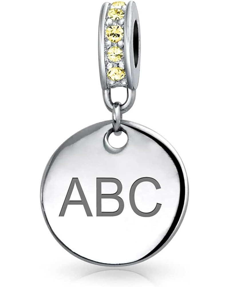 Engravable Initial Monogram Crystal Accent Bale Dangle Round Circle Disc Shaped Charm Bead For Women Teen .925 Sterling Silve...