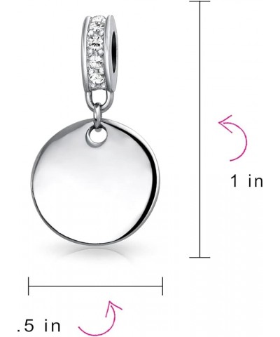 Engravable Initial Monogram Crystal Accent Bale Dangle Round Circle Disc Shaped Charm Bead For Women Teen .925 Sterling Silve...