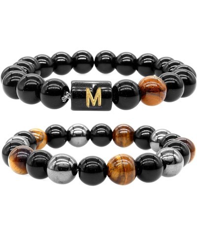 10mm Mens Beaded Bracelets, Initial Letter Triple Protection Bracelets for Women, Natural Tiger Eye Black Obsidian Hematite B...