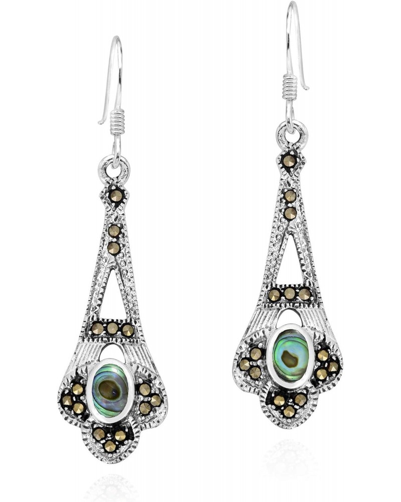 Elegant Vintage Style Oval Abalone Shell & Marcasite .925 Sterling Silver Dangle Classy Earrings for Women $12.06 Earrings