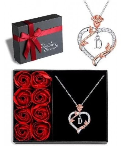 Rose Heart Initial Pendant Necklace Gifts for Women Girls, Letter Brass and Stainless Steel Necklace Rose Gift Box D $17.35 N...