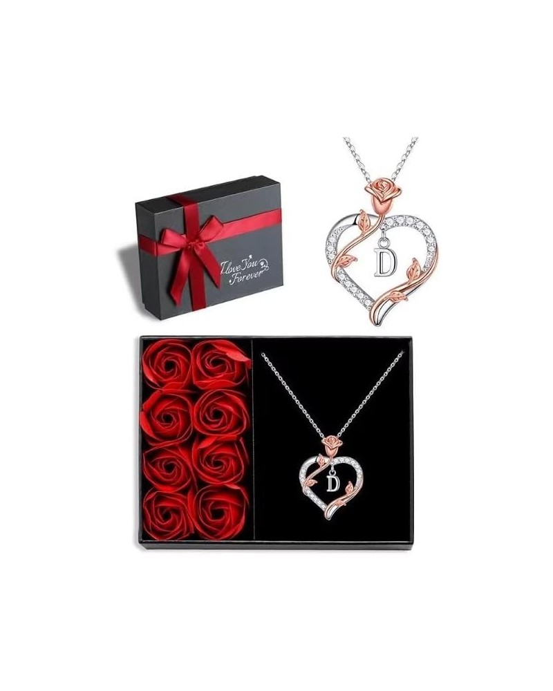 Rose Heart Initial Pendant Necklace Gifts for Women Girls, Letter Brass and Stainless Steel Necklace Rose Gift Box D $17.35 N...