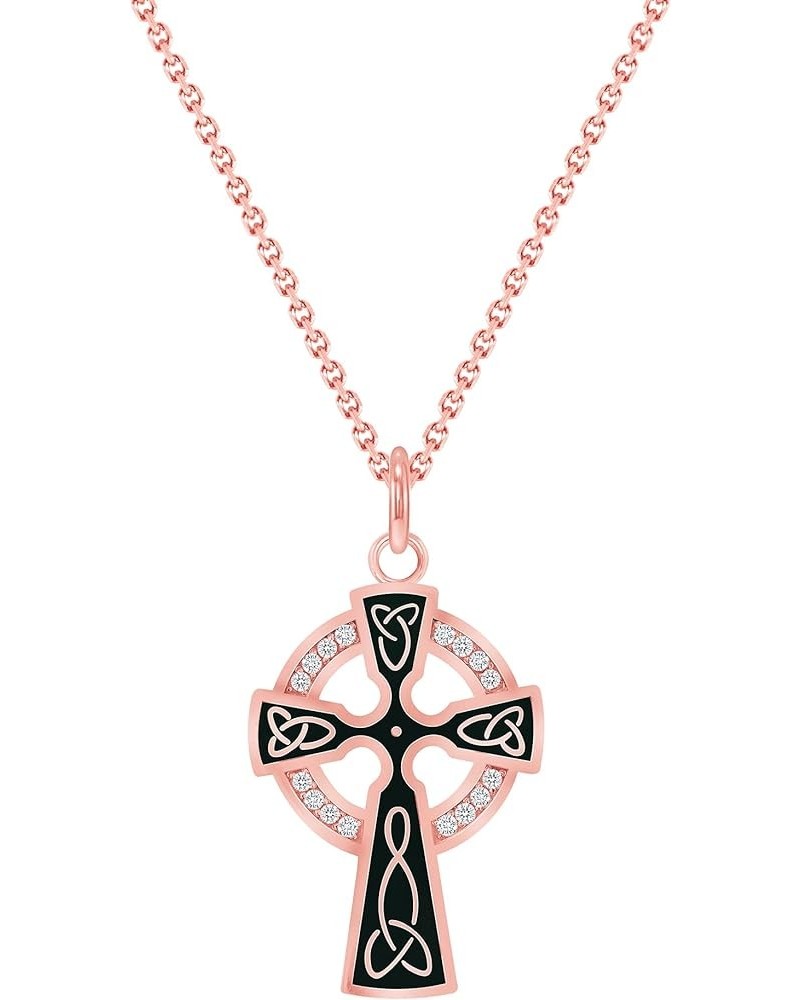 Celtic Cross Trinity Knot Pendant Necklace in Solid 14k Gold with Diamonds, Made in America 22" Necklace Black Enamel Rose Go...