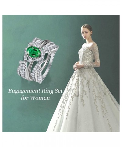 3pcs Women's 925 Sterling Silver Wedding Ring Set 1ct Oval Cut Green Created Emerald Ring Cubic Zirconia Promise Rings for He...