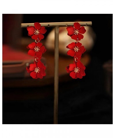 Elegant Bohemian Matte Tiered Triple Flower Dangle Drop Earrings Chic Charm Cute Long Floral Stud Earrings for Women Girls St...