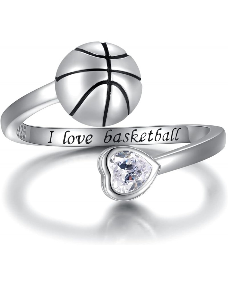 925 Sterling Silver Basketball Softball Baseball Football Tennis Racket Ring Adjustable Sports Jewelry Gifts for Women Teen G...