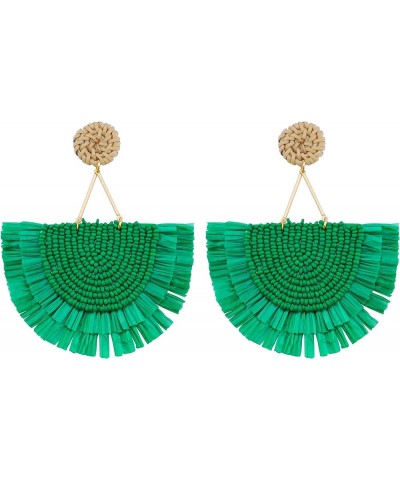 Bohemia Beaded Fringe Statement Earrings with Long Dangling Tassel Raffia Earrings for Women Big Green $10.06 Earrings