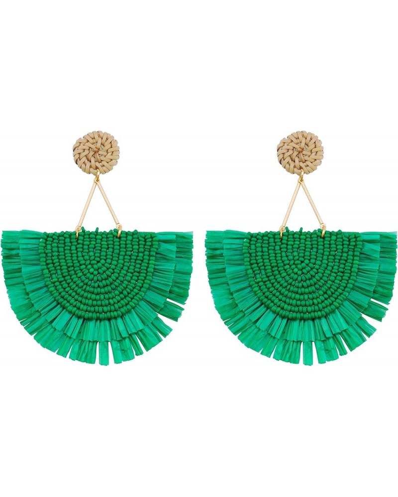 Bohemia Beaded Fringe Statement Earrings with Long Dangling Tassel Raffia Earrings for Women Big Green $10.06 Earrings