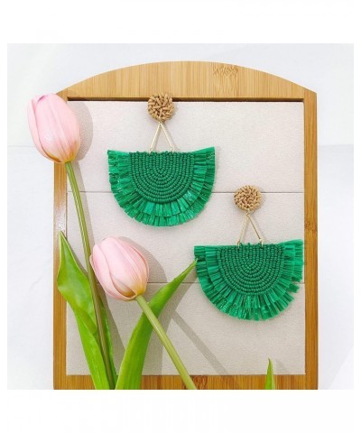 Bohemia Beaded Fringe Statement Earrings with Long Dangling Tassel Raffia Earrings for Women Big Green $10.06 Earrings