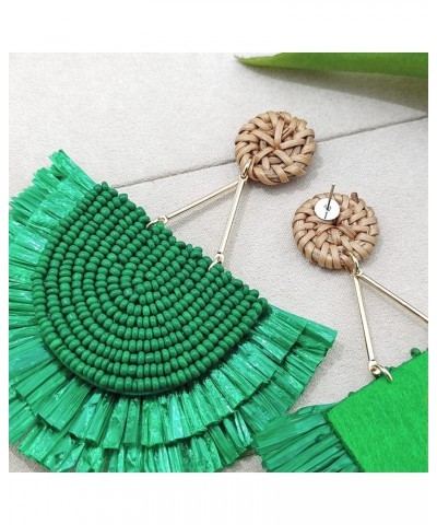 Bohemia Beaded Fringe Statement Earrings with Long Dangling Tassel Raffia Earrings for Women Big Green $10.06 Earrings