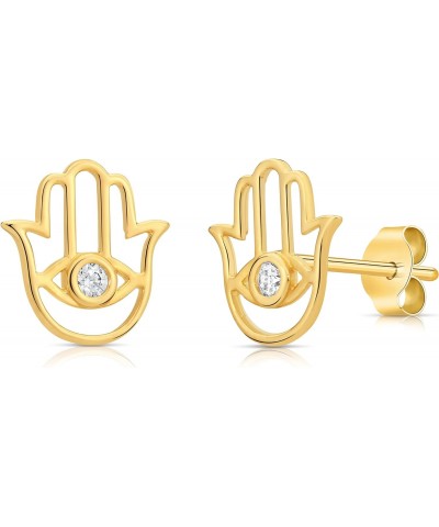 14K Yellow Gold Hamsa Evil Eye Stud Earring Chamsa with Cubic Zirconia $32.99 Earrings