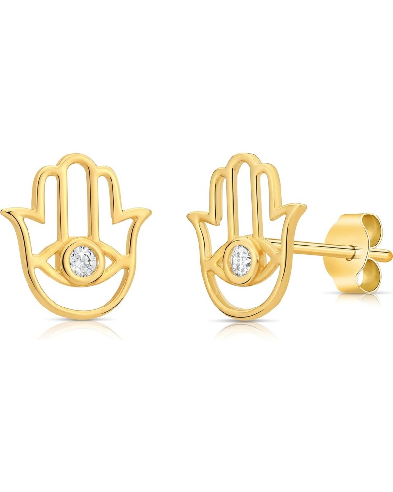 14K Yellow Gold Hamsa Evil Eye Stud Earring Chamsa with Cubic Zirconia $32.99 Earrings