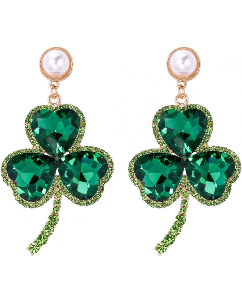 Pearl Shamrock Dangle Earrings for Women Girls Green Crystal CZ Lucky Leaf Irish Clover Drop Statement Earrings St Patrick's ...