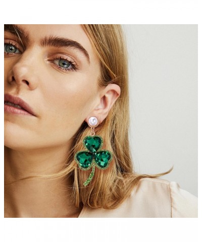 Pearl Shamrock Dangle Earrings for Women Girls Green Crystal CZ Lucky Leaf Irish Clover Drop Statement Earrings St Patrick's ...