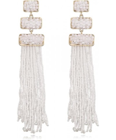 Tassel Beaded Earrings, Summer Statement Boho Beaded Long Fringe Drop Dangle Chandelier Earrings for Women White $11.59 Earrings