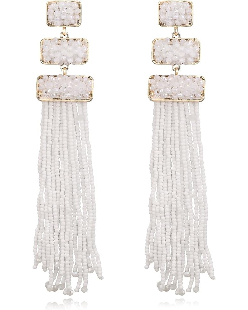 Tassel Beaded Earrings, Summer Statement Boho Beaded Long Fringe Drop Dangle Chandelier Earrings for Women White $11.59 Earrings