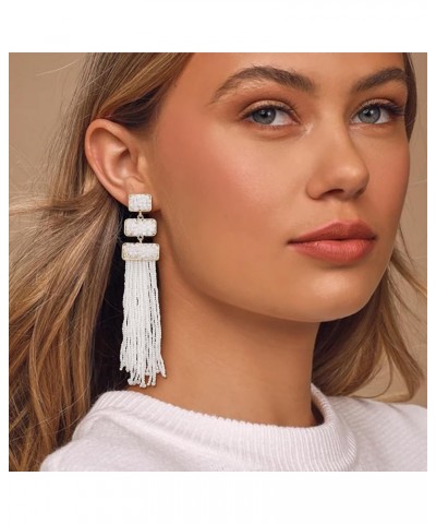 Tassel Beaded Earrings, Summer Statement Boho Beaded Long Fringe Drop Dangle Chandelier Earrings for Women White $11.59 Earrings