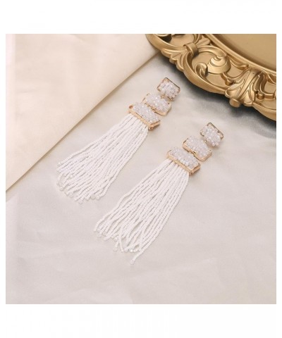 Tassel Beaded Earrings, Summer Statement Boho Beaded Long Fringe Drop Dangle Chandelier Earrings for Women White $11.59 Earrings