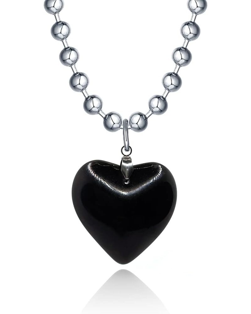 Big Heart Pendant Necklace Chunky Glass Puffy Love Heart Beaded Necklace Y2K Aesthetic Jewelry for Women Girl Black $7.40 Nec...