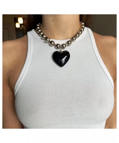 Big Heart Pendant Necklace Chunky Glass Puffy Love Heart Beaded Necklace Y2K Aesthetic Jewelry for Women Girl Black $7.40 Nec...