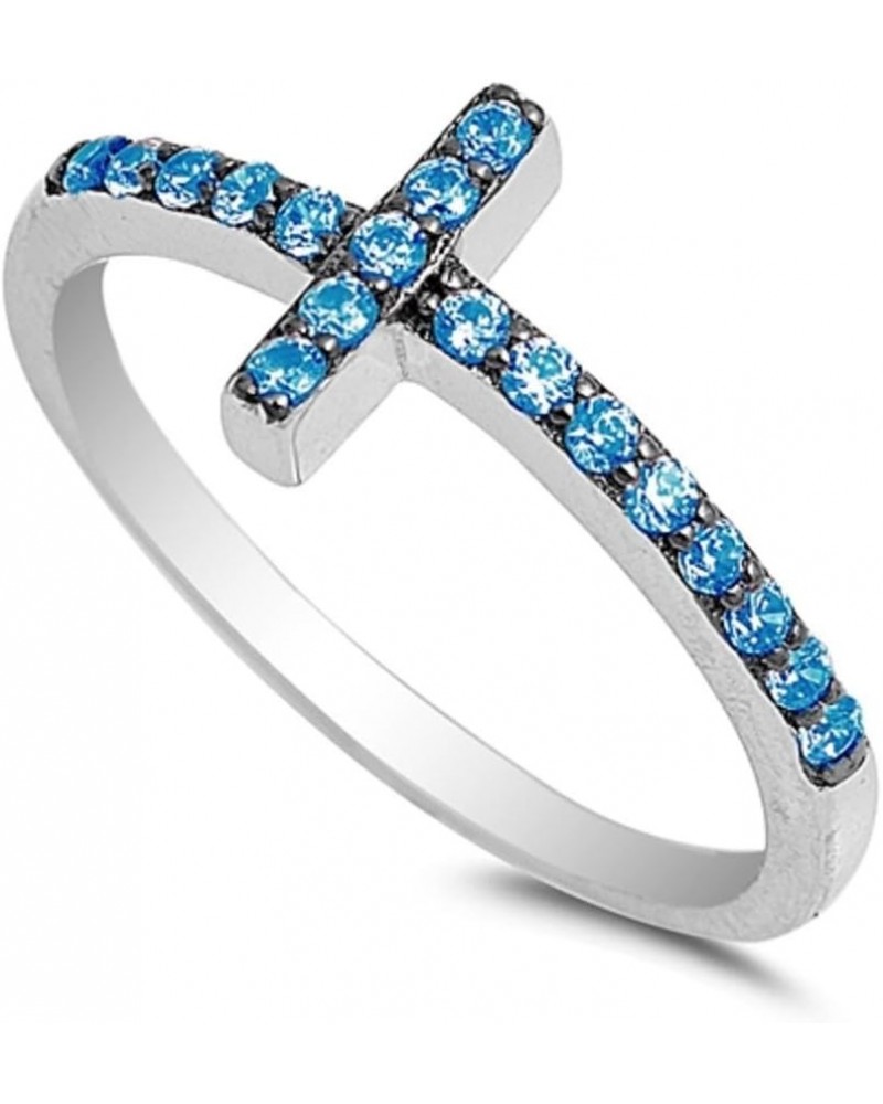 Cubic Zirconia Christian Sideway Cross Ring Sterling Silver (Comes in Colors) Blue Simulated Topaz $12.31 Rings