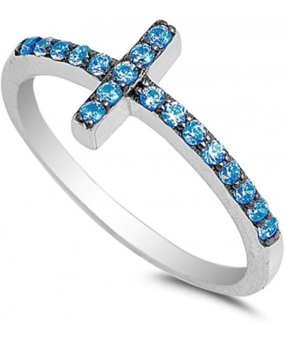 Cubic Zirconia Christian Sideway Cross Ring Sterling Silver (Comes in Colors) Blue Simulated Topaz $12.31 Rings