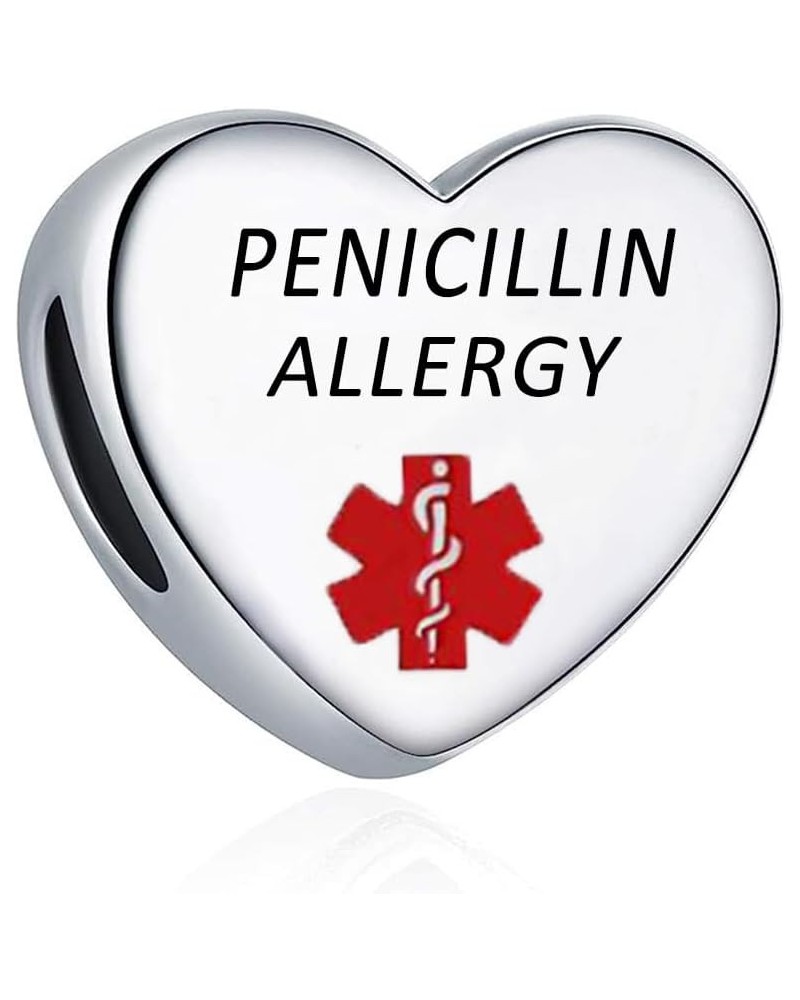 Heart Alert ID Silver Charm Emergency First Aid Laser Engraved Health Alert Bead for Pandora Bracelets PENICILLIN ALLERGY $8....