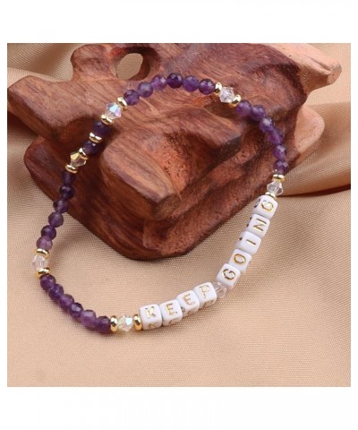 Natural Stone Bead Motivational Bracelet for Women, Micro Faceted Round Crystal Beads Keep Going Letter Friendship Bracelet, ...