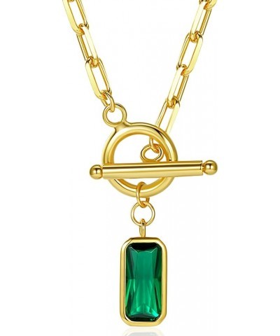 Emerald-Cut Pendant Necklace | Paperclip Gold Link Chain Green CZ Solitaire Pendant Necklace | East West Bezel Set Charm 17+2...