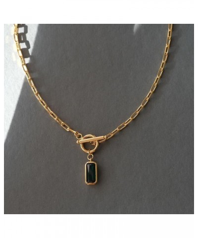 Emerald-Cut Pendant Necklace | Paperclip Gold Link Chain Green CZ Solitaire Pendant Necklace | East West Bezel Set Charm 17+2...