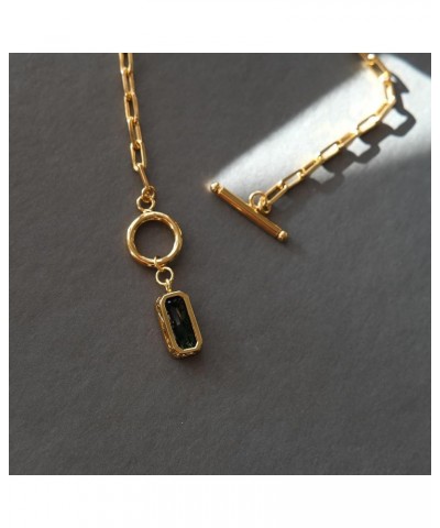 Emerald-Cut Pendant Necklace | Paperclip Gold Link Chain Green CZ Solitaire Pendant Necklace | East West Bezel Set Charm 17+2...