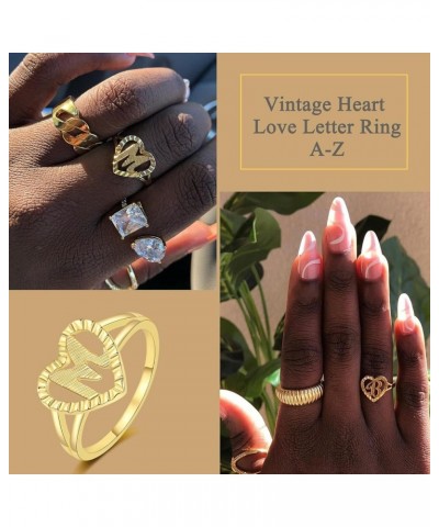 Gold Initial Ring for Women Vintage Initial Heart Love Ring Non Tarnish 14K Gold Plated Personalized Carved Letter Statement ...