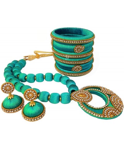 Handmade elegant designer Silk Thread Necklace Set with Bangles Sea Green $19.50 Jewelry Sets