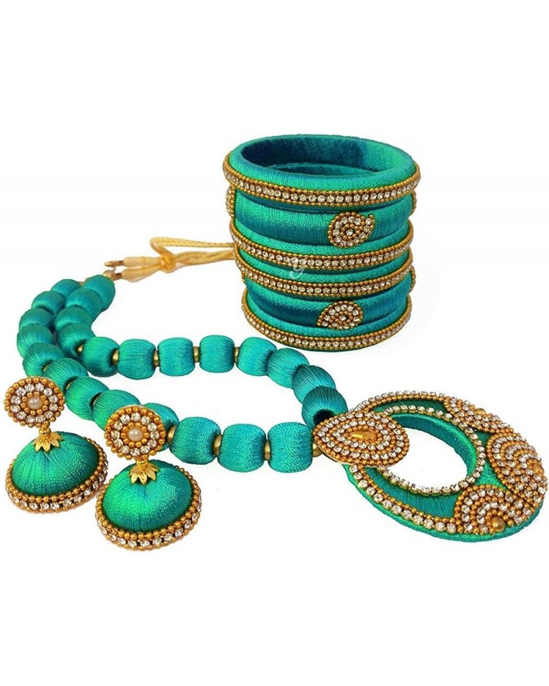 Handmade elegant designer Silk Thread Necklace Set with Bangles Sea Green $19.50 Jewelry Sets