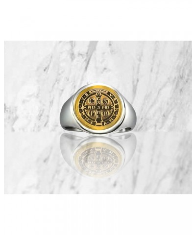 Catholic Unisex Gold Saint Benedict Ring Stainless Steel Catholic St Benedict Ring-St Benedict Holy Prayer Card Included (Gol...