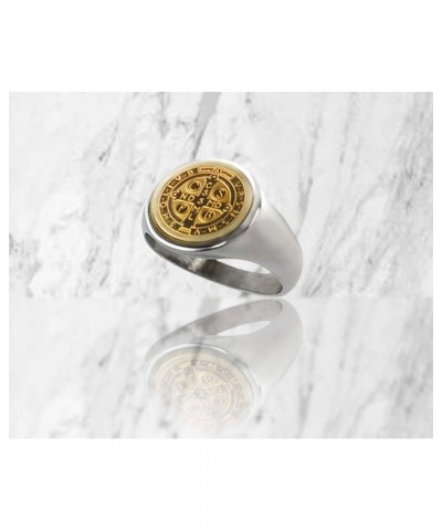 Catholic Unisex Gold Saint Benedict Ring Stainless Steel Catholic St Benedict Ring-St Benedict Holy Prayer Card Included (Gol...