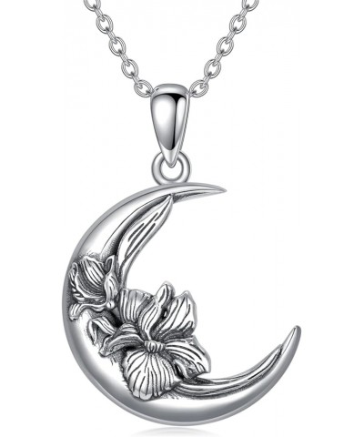 Mother's Day Gifts Birth Month Flower Necklace for Women S925 Sterling Silver Moon Crescent Shape Birth Flower Pendant Neckla...