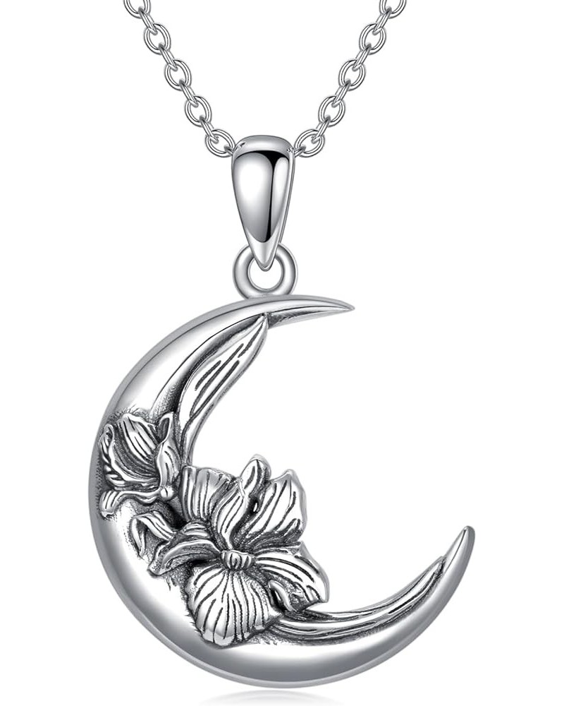 Mother's Day Gifts Birth Month Flower Necklace for Women S925 Sterling Silver Moon Crescent Shape Birth Flower Pendant Neckla...