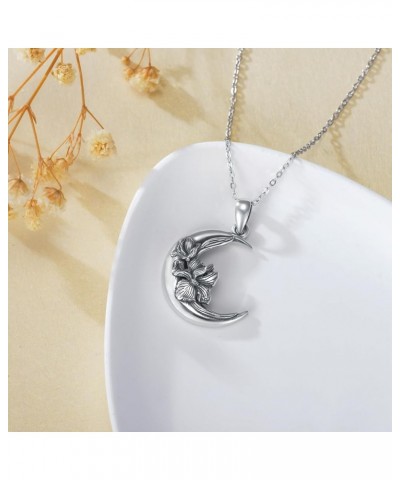 Mother's Day Gifts Birth Month Flower Necklace for Women S925 Sterling Silver Moon Crescent Shape Birth Flower Pendant Neckla...