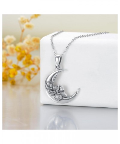 Mother's Day Gifts Birth Month Flower Necklace for Women S925 Sterling Silver Moon Crescent Shape Birth Flower Pendant Neckla...