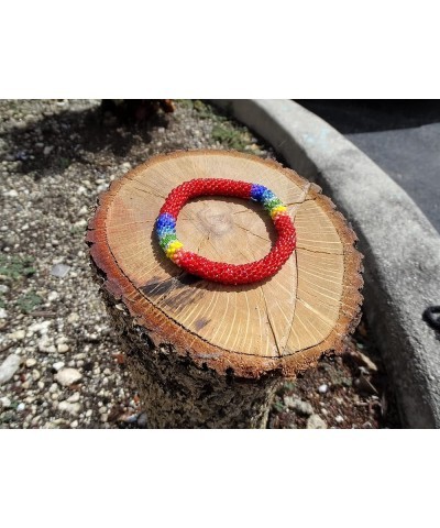 Rainbow Striped Pattern Guatemalan Czech Glass Seed Beaded One Size Fits All Bangle Bracelet - Womens Fashion Handmade Jewelr...